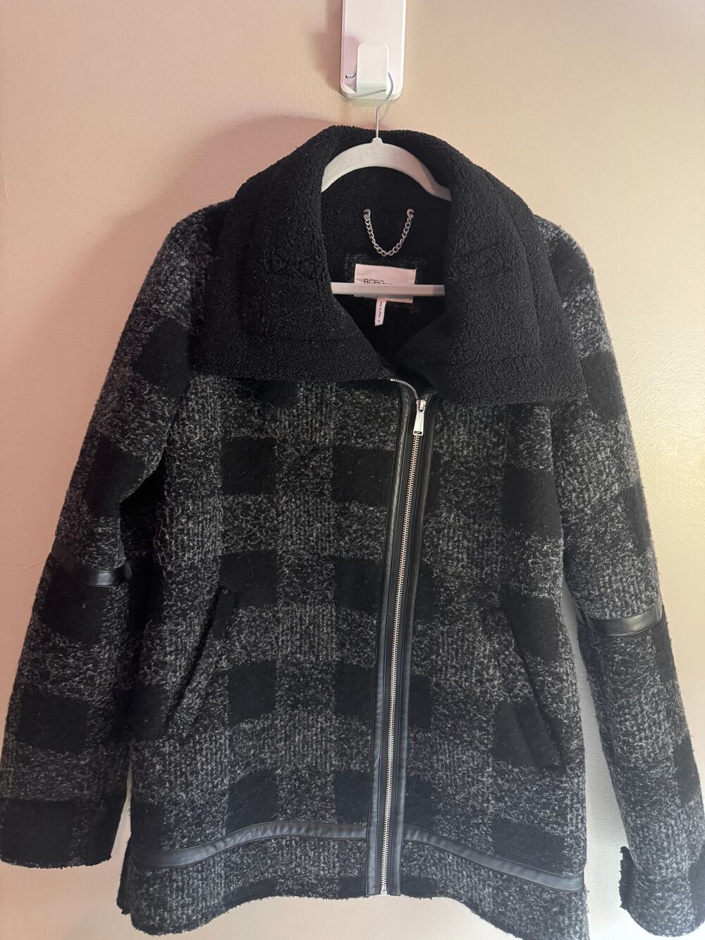 BCBGeneration Women’s M Wool Blend Plaid Moto Jacket Black Gray Faux Leather